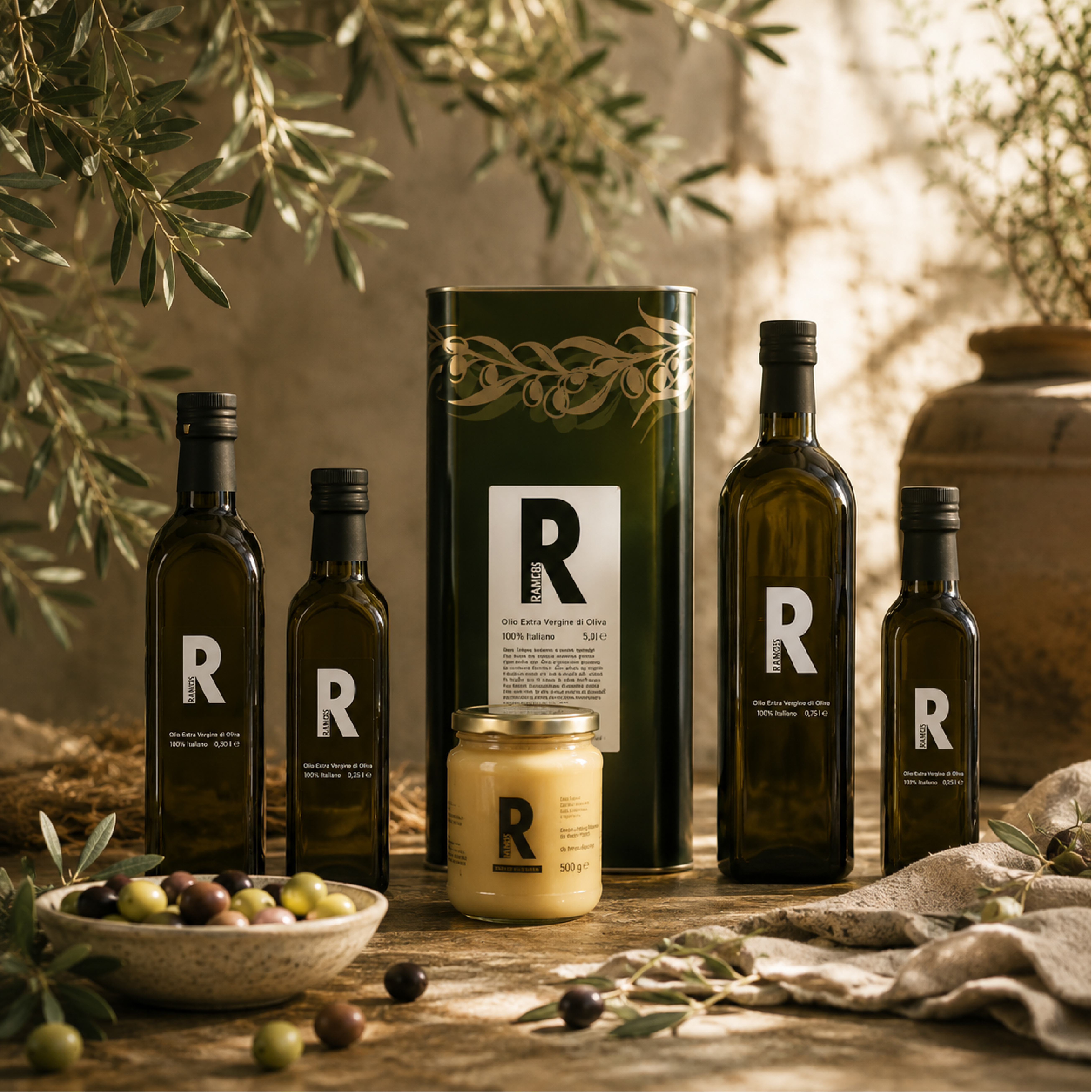 Ranieri extra virgin olive oil bottle on a rustic wooden surface